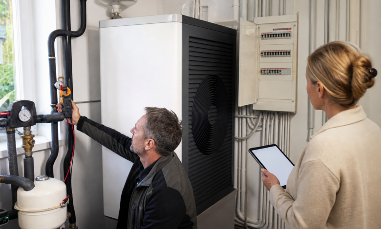 Energieberater misst gemeinsam mit einer Hausbesitzerin den Stromverbrauch der Wärmepumpe [Bildinhalt mit KI erstellt]