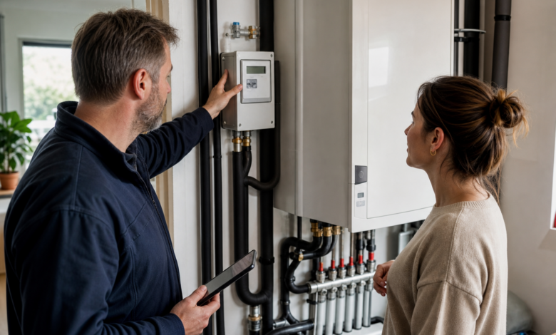 Energieberater erklärt den Stromverbrauch einer Wärmepumpe am separaten Zähler [Bildinhalt mit KI erstellt]