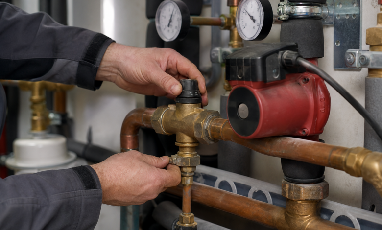 Heizungsfachmann stellt ein Überströmventil im Heizkreis einer Wärmepumpe ein [Bildinhalt mit KI erstellt]