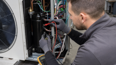 Servicetechniker misst die elektrische Leistung eines Wärmepumpen-Kompressors [Bildinhalt mit KI erstellt]