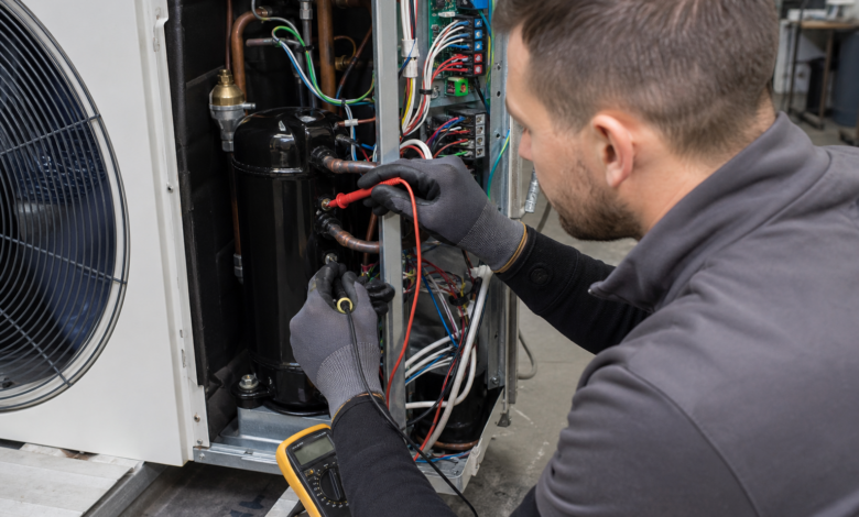 Servicetechniker misst die elektrische Leistung eines Wärmepumpen-Kompressors [Bildinhalt mit KI erstellt]