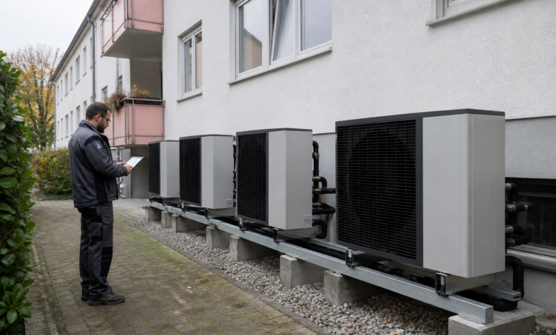 Techniker kontrolliert eine Wärmepumpen-Kaskade an einem Mehrfamilienhaus [Bildinhalt mit KI erstellt]