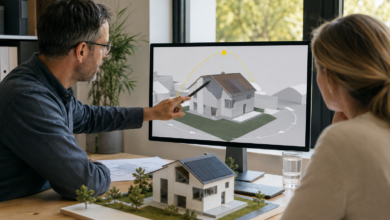 Solarplaner erklärt die Ausrichtung von Dachflächen anhand eines 3D-Hausmodells [Bildinhalt mit KI erstellt]