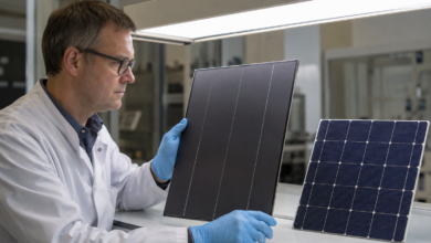 Techniker untersucht ein Dünnschichtmodul mit amorphen Solarzellen [Bildinhalt mit KI erstellt]