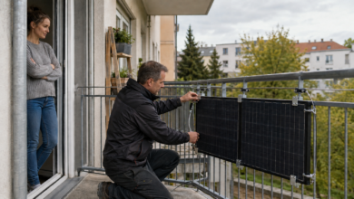 Installateur prüft Klemmen und Sicherungsseile eines Balkonkraftwerks am Metallgeländer [Bildinhalt mit KI erstellt]