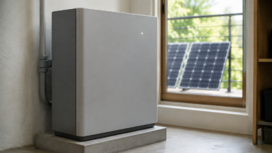 Geschlossener Stromspeicher mit Solarmodulen im Hintergrund; kein Growatt-NOAH-Produktfoto. KI-Symbolbild. [Bildinhalt mit KI erstellt]