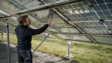 Techniker untersucht die lichtaktive Rückseite bifazialer Solarmodule [Bildinhalt mit KI erstellt]