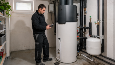 Heizungstechniker prüft eine Brauchwasserwärmepumpe im Hauswirtschaftsraum [Bildinhalt mit KI erstellt]