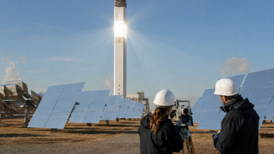 Solarthermischer Turm mit Spiegelfeld in deutscher Landschaft [Bildinhalt mit KI erstellt]
