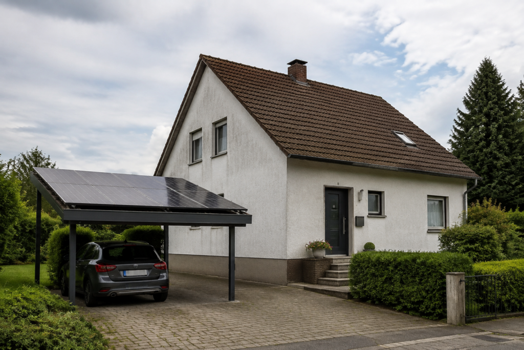 Einfamilienhaus mit einer Photovoltaiküberdachung auf dem angrenzenden Carport. [Bildinhalt mit KI erstellt]