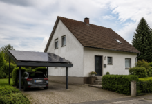 Einfamilienhaus mit einer Photovoltaiküberdachung auf dem angrenzenden Carport. [Bildinhalt mit KI erstellt]