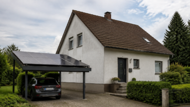 Einfamilienhaus mit einer Photovoltaiküberdachung auf dem angrenzenden Carport. [Bildinhalt mit KI erstellt]