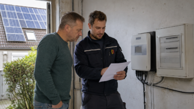 Hausbesitzer prüft am Stromzähler neutrale Unterlagen zur Einspeisung. KI-Symbolbild. [Bildinhalt mit KI erstellt]
