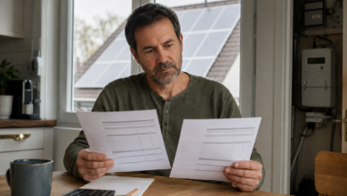 PV-Eigentümer vergleicht neutrale Abrechnungsunterlagen am Stromzähler. KI-Symbolbild. [Bildinhalt mit KI erstellt]