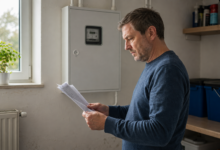 Hausbesitzer prüft Abrechnungsunterlagen neben einem geschlossenen Stromzählerschrank. [Bildinhalt mit KI erstellt]