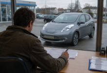 Eine Person prüft Kaufunterlagen, während ein Elektroauto vor dem Fenster steht. [Bildinhalt mit KI erstellt]