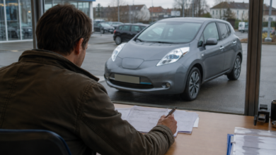 Eine Person prüft Kaufunterlagen, während ein Elektroauto vor dem Fenster steht. [Bildinhalt mit KI erstellt]