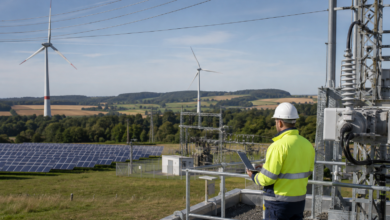 Netztechniker prüft ein Umspannwerk zwischen Solarpark und Windkraftanlagen [Bildinhalt mit KI erstellt]