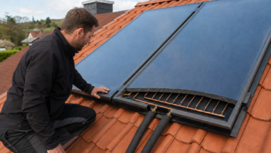 Techniker untersucht Rohrregister und Absorber eines Solarthermie-Flachkollektors [Bildinhalt mit KI erstellt]