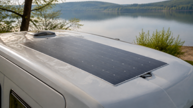 Flaches flexibles Solarmodul folgt der leichten Rundung eines Wohnmobildachs [Bildinhalt mit KI erstellt]