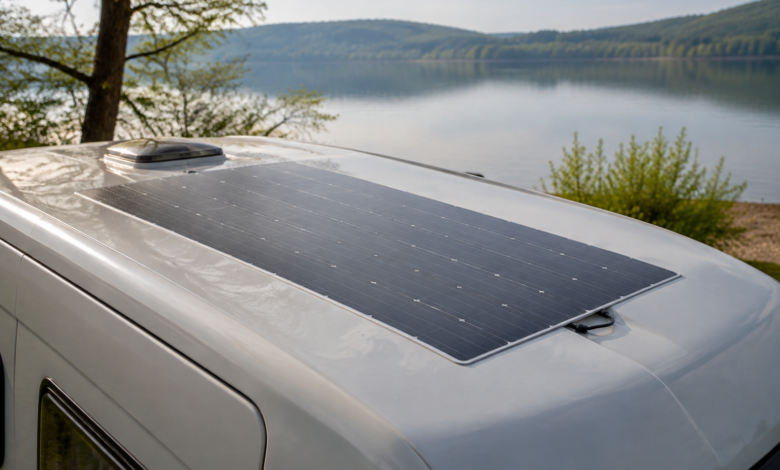 Flaches flexibles Solarmodul folgt der leichten Rundung eines Wohnmobildachs [Bildinhalt mit KI erstellt]