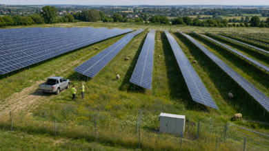 Freiflächen-Solarpark mit Blühwiese und Schafen zwischen den Modulreihen [Bildinhalt mit KI erstellt]