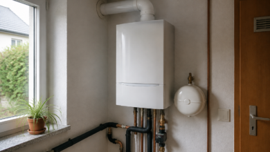 Geschlossene Gastherme mit angeschlossenen Rohrleitungen in einem Hauswirtschaftsraum. [Bildinhalt mit KI erstellt]