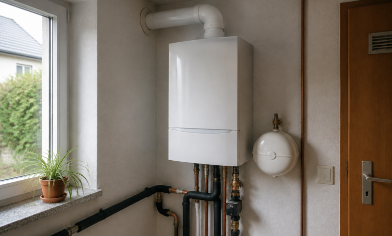 Geschlossene Gastherme mit angeschlossenen Rohrleitungen in einem Hauswirtschaftsraum. [Bildinhalt mit KI erstellt]