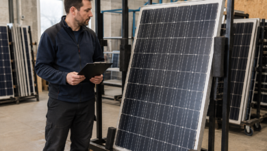 Fachkraft kontrolliert ein gebrauchtes Solarmodul in einer Werkstatt. KI-Symbolbild. [Bildinhalt mit KI erstellt]