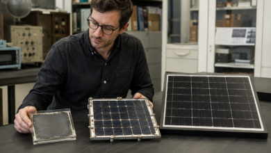 Historische und moderne Solarmodule in einer technischen Sammlung [Bildinhalt mit KI erstellt]