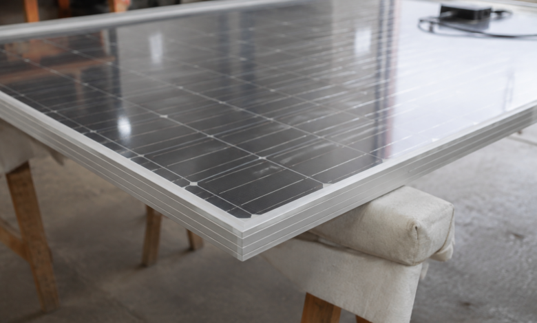 Glasrückseite eines Solarmoduls mit sichtbaren Zellen und sauber eingefasstem Rand. [Bildinhalt mit KI erstellt]