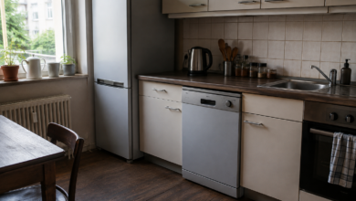 Kühlschrank, Geschirrspüler und Wasserkocher in einer alltäglichen Küche. [Bildinhalt mit KI erstellt]