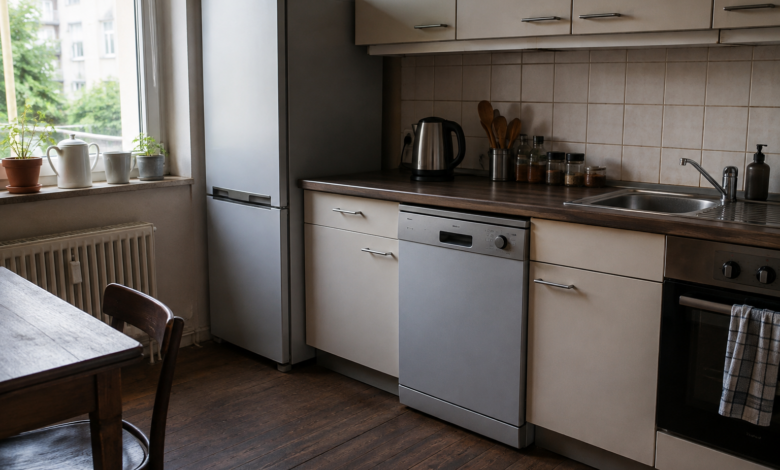 Kühlschrank, Geschirrspüler und Wasserkocher in einer alltäglichen Küche. [Bildinhalt mit KI erstellt]