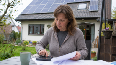 Hausbesitzerin mit Unterlagen auf einer Terrasse vor einem Wohnhaus mit Photovoltaik. [Bildinhalt mit KI erstellt]