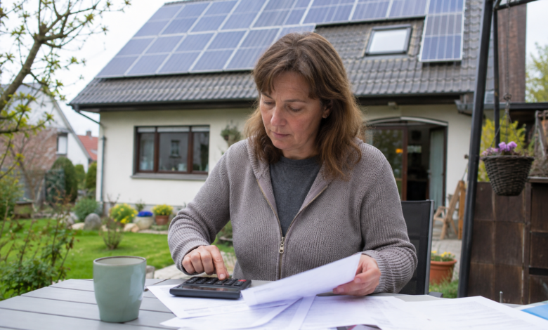Hausbesitzerin mit Unterlagen auf einer Terrasse vor einem Wohnhaus mit Photovoltaik. [Bildinhalt mit KI erstellt]
