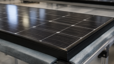 Detail eines unbeschrifteten dunklen Solarmoduls mit gleichmäßigem Zellraster und stabilem Rahmen. [Bildinhalt mit KI erstellt]