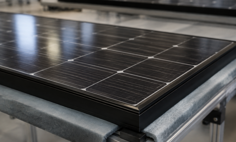Detail eines unbeschrifteten dunklen Solarmoduls mit gleichmäßigem Zellraster und stabilem Rahmen. [Bildinhalt mit KI erstellt]