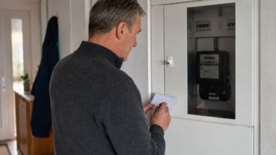 Eine Person liest den Stromzähler durch die geschlossene transparente Abdeckung ab. [Bildinhalt mit KI erstellt]
