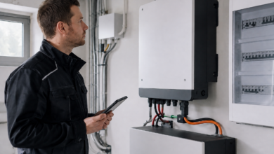 Techniker prüft einen Hybridwechselrichter mit Batteriespeicher [Bildinhalt mit KI erstellt]