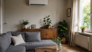 Wandmontierte Klimaanlage in einem natürlich beleuchteten Wohnzimmer. [Bildinhalt mit KI erstellt]