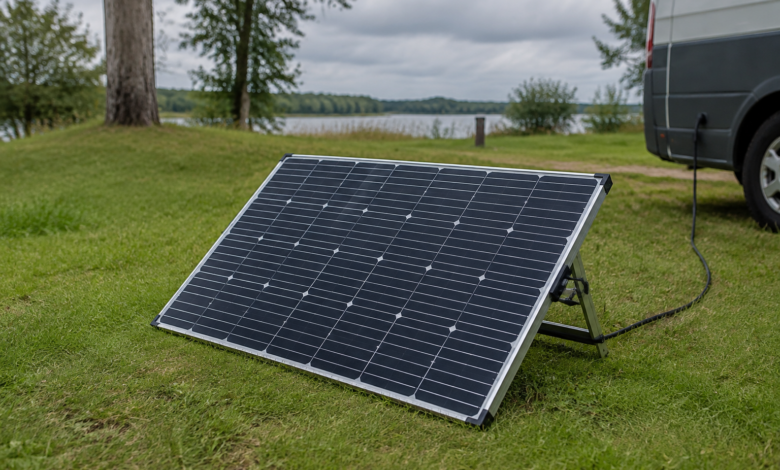 Kompaktes gerahmtes Solarmodul auf einem niedrigen Ständer neben einem einfachen Campingplatz. [Bildinhalt mit KI erstellt]
