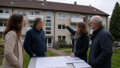 Eigentümergemeinschaft bespricht mit einer Energieberaterin die PV-Planung eines Mehrfamilienhauses. KI-Symbolbild. [Bildinhalt mit KI erstellt]