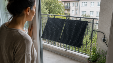Kompakte Solarmodule sind sicher an einem Balkon montiert [Bildinhalt mit KI erstellt]