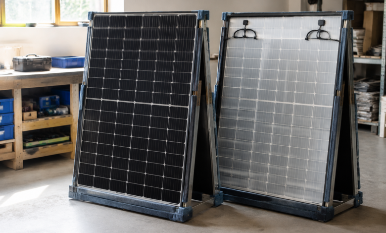 Zwei moderne Solarmodule auf sicheren Gestellen in einer Fachwerkstatt. [Bildinhalt mit KI erstellt]