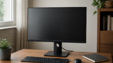 Ein einzelner Monitor mit dunklem Bildschirm auf einem alltäglichen Schreibtisch. [Bildinhalt mit KI erstellt]