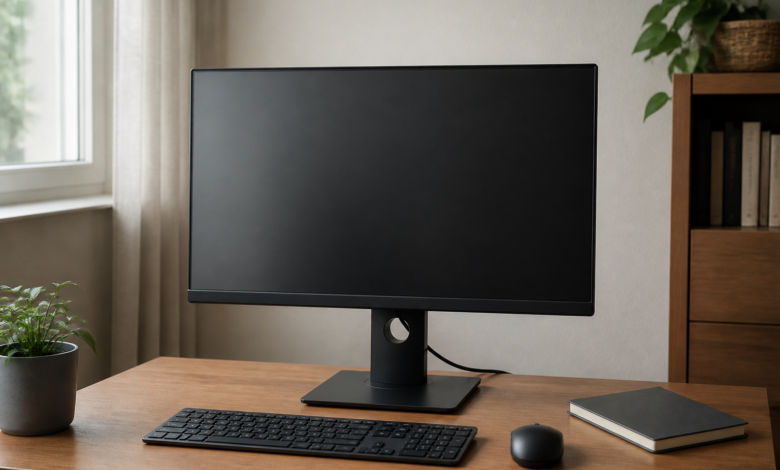 Ein einzelner Monitor mit dunklem Bildschirm auf einem alltäglichen Schreibtisch. [Bildinhalt mit KI erstellt]