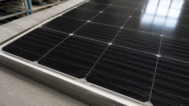 Nahaufnahme gleichmäßig dunkler monokristalliner Solarzellen unter Modulglas. [Bildinhalt mit KI erstellt]