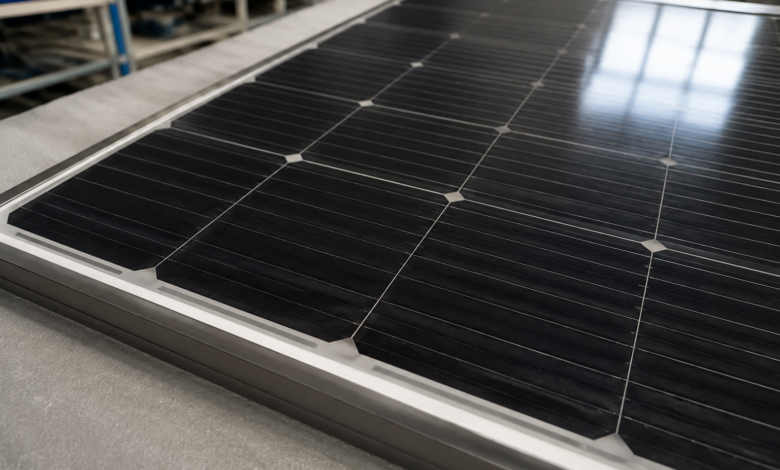 Nahaufnahme gleichmäßig dunkler monokristalliner Solarzellen unter Modulglas. [Bildinhalt mit KI erstellt]