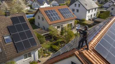 Techniker vermisst Solardächer mit unterschiedlichen Ausrichtungen [Bildinhalt mit KI erstellt]