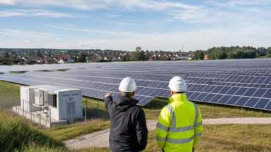 Techniker überblicken ein großes neu errichtetes Solarfeld am Rand einer deutschen Ortschaft [Bildinhalt mit KI erstellt]